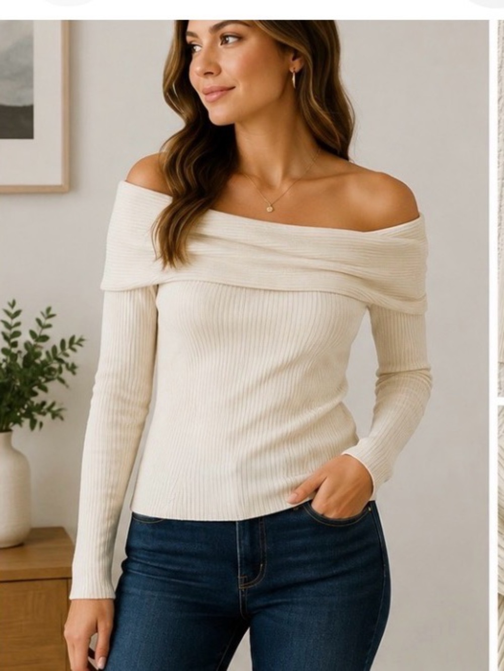 Banana Republic Cream Off-Shoulder Ribbed Sweater | Cowl Neck | Size L